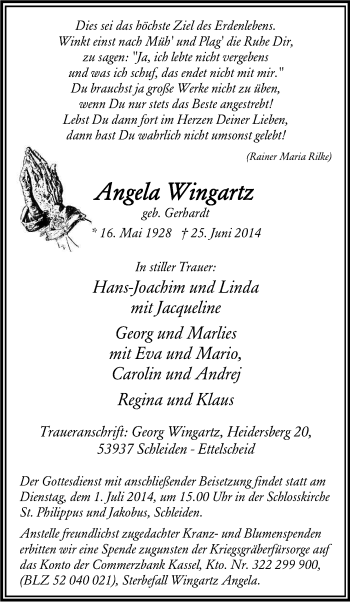 Anzeige von Angela Wingartz von Kölner Stadt-Anzeiger / Kölnische Rundschau / Express