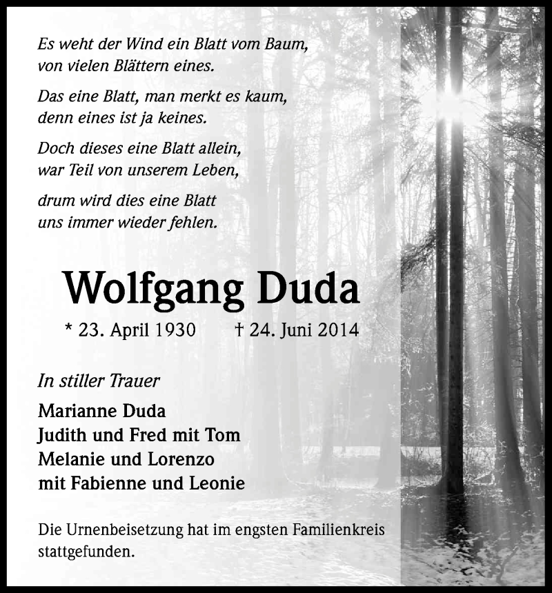  Traueranzeige für Wolfgang Duda vom 12.07.2014 aus Kölner Stadt-Anzeiger / Kölnische Rundschau / Express