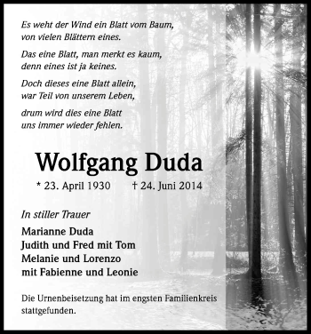 Anzeige von Wolfgang Duda von Kölner Stadt-Anzeiger / Kölnische Rundschau / Express