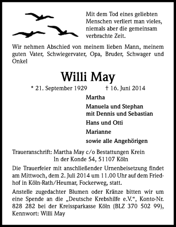 Anzeige von Willi May von Kölner Stadt-Anzeiger / Kölnische Rundschau / Express