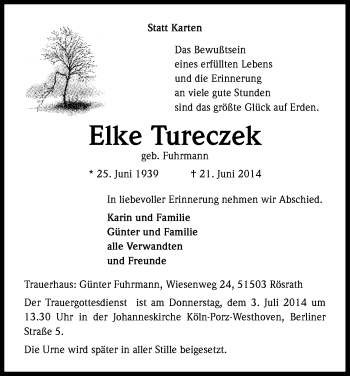 Anzeige von Elke Tureczek von Kölner Stadt-Anzeiger / Kölnische Rundschau / Express
