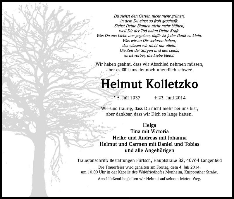 Traueranzeige für Helmut Kolletzko vom 28.06.2014 aus Kölner Stadt-Anzeiger / Kölnische Rundschau / Express