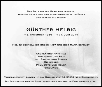 Anzeige von Günther Helbig von Kölner Stadt-Anzeiger / Kölnische Rundschau / Express