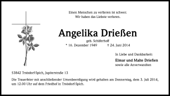 Anzeige von Angelika Drießen von Kölner Stadt-Anzeiger / Kölnische Rundschau / Express