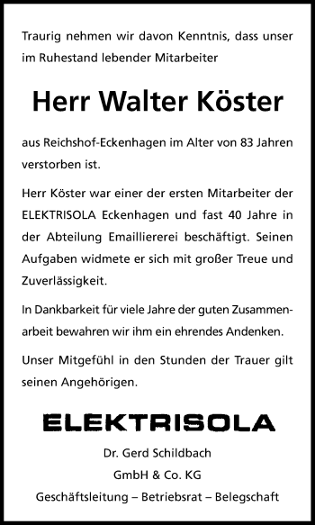 Anzeige von Walter Köster von Kölner Stadt-Anzeiger / Kölnische Rundschau / Express