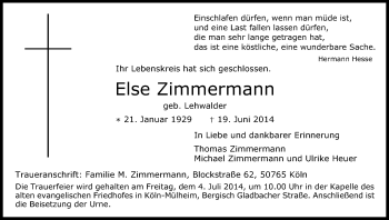 Anzeige von Else Zimmermann von Kölner Stadt-Anzeiger / Kölnische Rundschau / Express