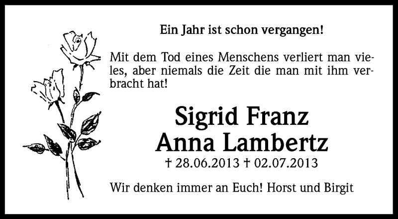  Traueranzeige für Anna Lambertz vom 28.06.2014 aus Kölner Stadt-Anzeiger / Kölnische Rundschau / Express