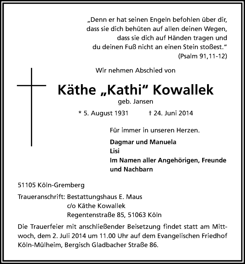  Traueranzeige für Käthe Kowallek vom 28.06.2014 aus Kölner Stadt-Anzeiger / Kölnische Rundschau / Express