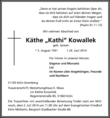 Anzeige von Käthe Kowallek von Kölner Stadt-Anzeiger / Kölnische Rundschau / Express