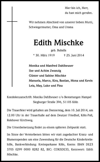 Anzeige von Edith Mischke von Kölner Stadt-Anzeiger / Kölnische Rundschau / Express