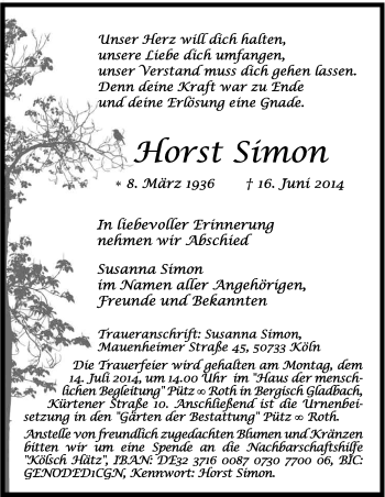 Anzeige von Horst Simon von Kölner Stadt-Anzeiger / Kölnische Rundschau / Express