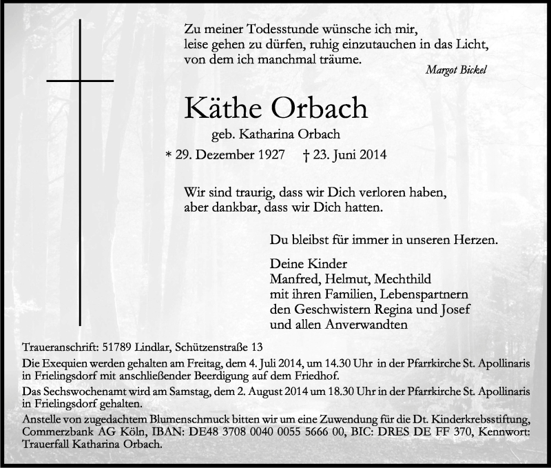  Traueranzeige für Käthe Orbach vom 28.06.2014 aus Kölner Stadt-Anzeiger / Kölnische Rundschau / Express