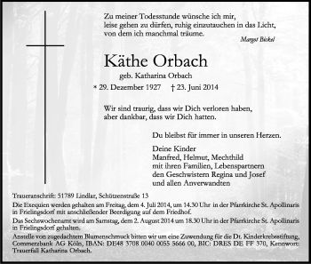 Anzeige von Käthe Orbach von Kölner Stadt-Anzeiger / Kölnische Rundschau / Express