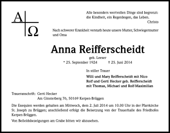 Anzeige von Anna Reifferscheidt von Kölner Stadt-Anzeiger / Kölnische Rundschau / Express