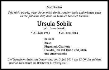 Anzeige von Ursula Sobik von Kölner Stadt-Anzeiger / Kölnische Rundschau / Express