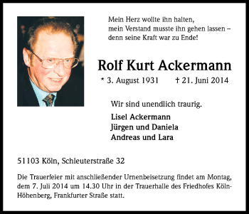 Anzeige von Rolf Kurt Ackermann von Kölner Stadt-Anzeiger / Kölnische Rundschau / Express