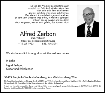 Anzeige von Alfred Zerban von Kölner Stadt-Anzeiger / Kölnische Rundschau / Express