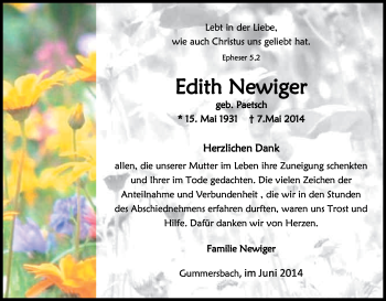 Anzeige von Edith Newiger von Kölner Stadt-Anzeiger / Kölnische Rundschau / Express