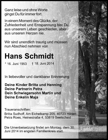 Anzeige von Hans Schmidt von Kölner Stadt-Anzeiger / Kölnische Rundschau / Express