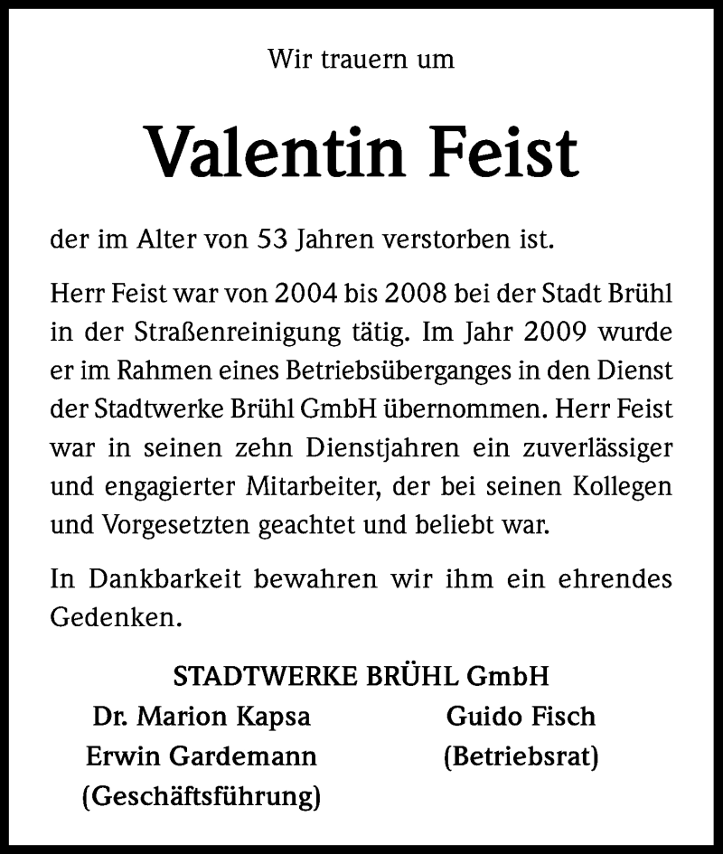  Traueranzeige für Valentin Feist vom 02.07.2014 aus Kölner Stadt-Anzeiger / Kölnische Rundschau / Express