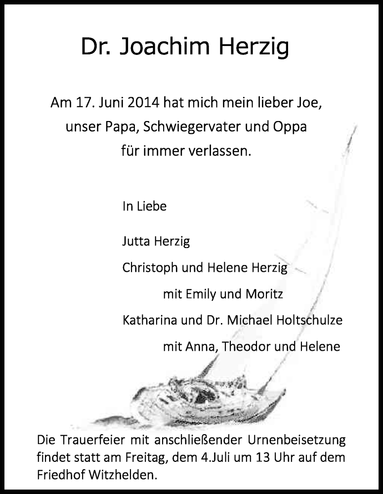  Traueranzeige für Joachim Herzig vom 28.06.2014 aus Kölner Stadt-Anzeiger / Kölnische Rundschau / Express