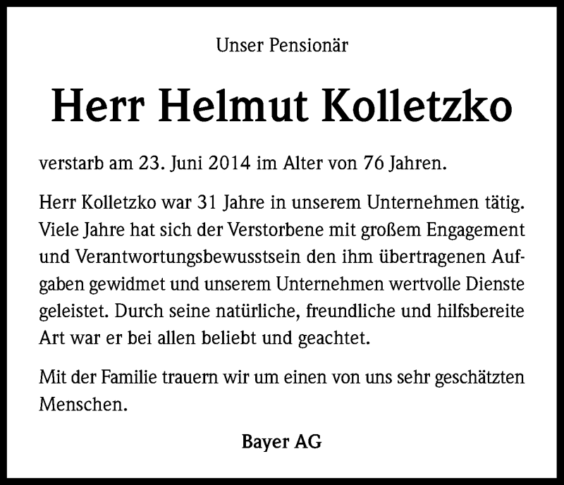  Traueranzeige für Helmut Kolletzko vom 28.06.2014 aus Kölner Stadt-Anzeiger / Kölnische Rundschau / Express