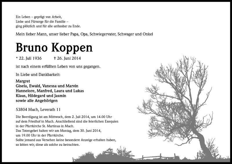  Traueranzeige für Bruno Koppen vom 28.06.2014 aus Kölner Stadt-Anzeiger / Kölnische Rundschau / Express