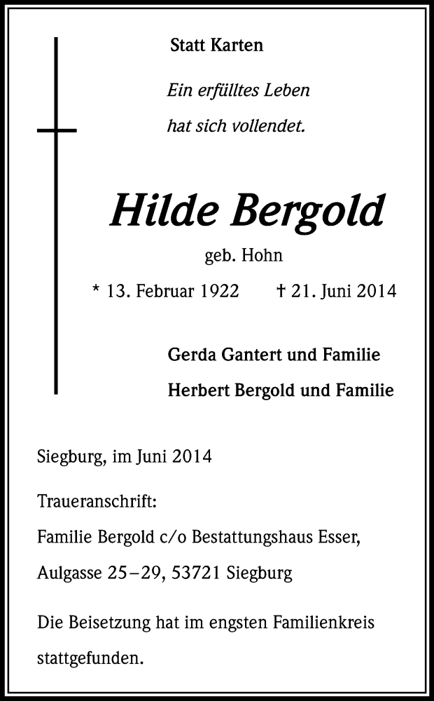  Traueranzeige für Hilde Bergold vom 28.06.2014 aus Kölner Stadt-Anzeiger / Kölnische Rundschau / Express