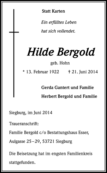 Anzeige von Hilde Bergold von Kölner Stadt-Anzeiger / Kölnische Rundschau / Express