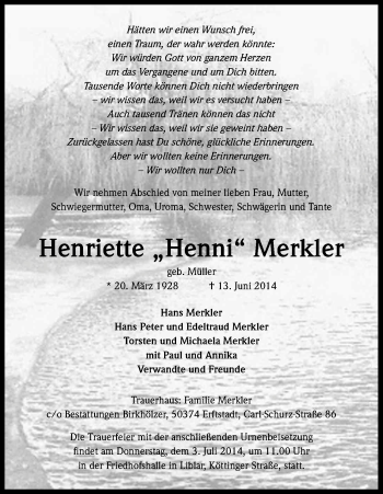 Anzeige von Henriette Merkler von Kölner Stadt-Anzeiger / Kölnische Rundschau / Express