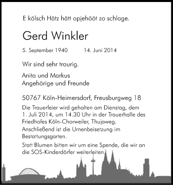Anzeige von Gerd Winkler von Kölner Stadt-Anzeiger / Kölnische Rundschau / Express