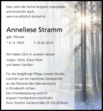 Anzeige von Anneliese Stramm von Kölner Stadt-Anzeiger / Kölnische Rundschau / Express
