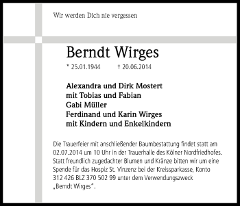 Anzeige von Berndt Wirges von Kölner Stadt-Anzeiger / Kölnische Rundschau / Express