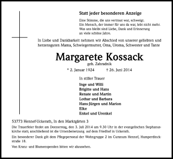 Anzeige von Margarete Kossack von Kölner Stadt-Anzeiger / Kölnische Rundschau / Express