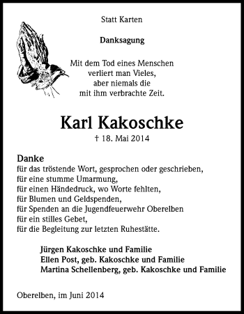 Anzeige von Karl Kakoschke von Kölner Stadt-Anzeiger / Kölnische Rundschau / Express