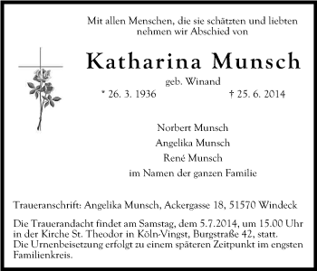 Anzeige von Katharina Munsch von Kölner Stadt-Anzeiger / Kölnische Rundschau / Express