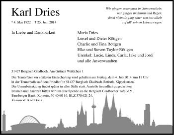 Anzeige von Karl Dries von Kölner Stadt-Anzeiger / Kölnische Rundschau / Express