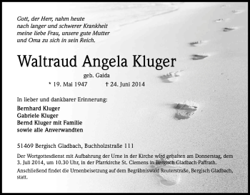 Anzeige von Waltraud Angela Kluger von Kölner Stadt-Anzeiger / Kölnische Rundschau / Express