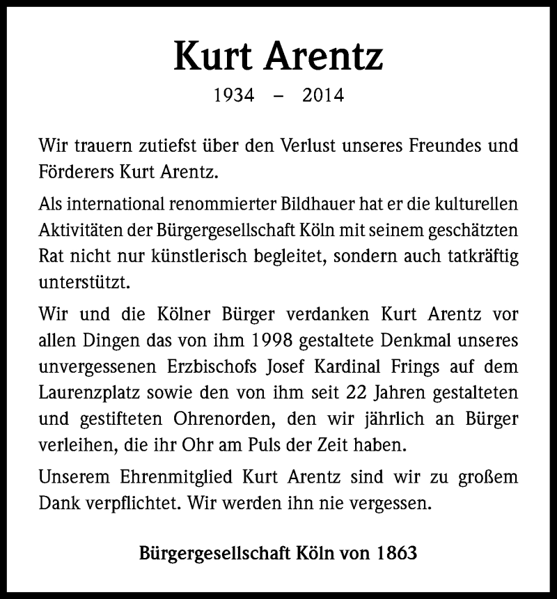  Traueranzeige für Kurt Arentz vom 05.07.2014 aus Kölner Stadt-Anzeiger / Kölnische Rundschau / Express