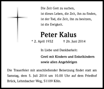 Anzeige von Peter Kalus von Kölner Stadt-Anzeiger / Kölnische Rundschau / Express