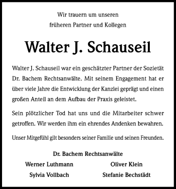 Anzeige von Walter Schauseil von Kölner Stadt-Anzeiger / Kölnische Rundschau / Express