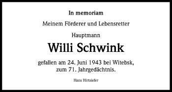Anzeige von Willi Schwink von Kölner Stadt-Anzeiger / Kölnische Rundschau / Express