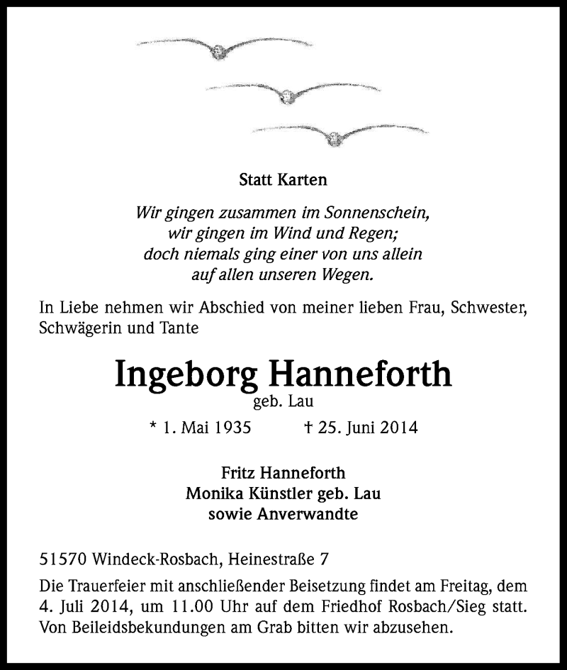  Traueranzeige für Ingeborg Hanneforth vom 28.06.2014 aus Kölner Stadt-Anzeiger / Kölnische Rundschau / Express