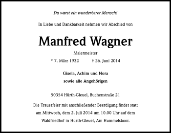 Anzeige von Manfred Wagner von Kölner Stadt-Anzeiger / Kölnische Rundschau / Express