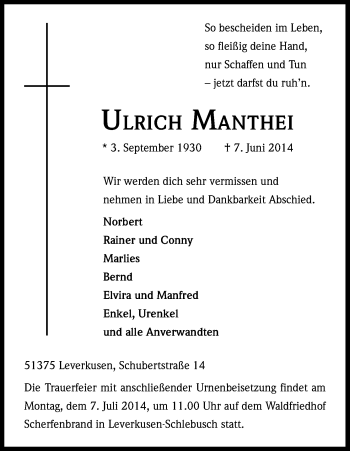 Anzeige von Ulrich Manthei von Kölner Stadt-Anzeiger / Kölnische Rundschau / Express