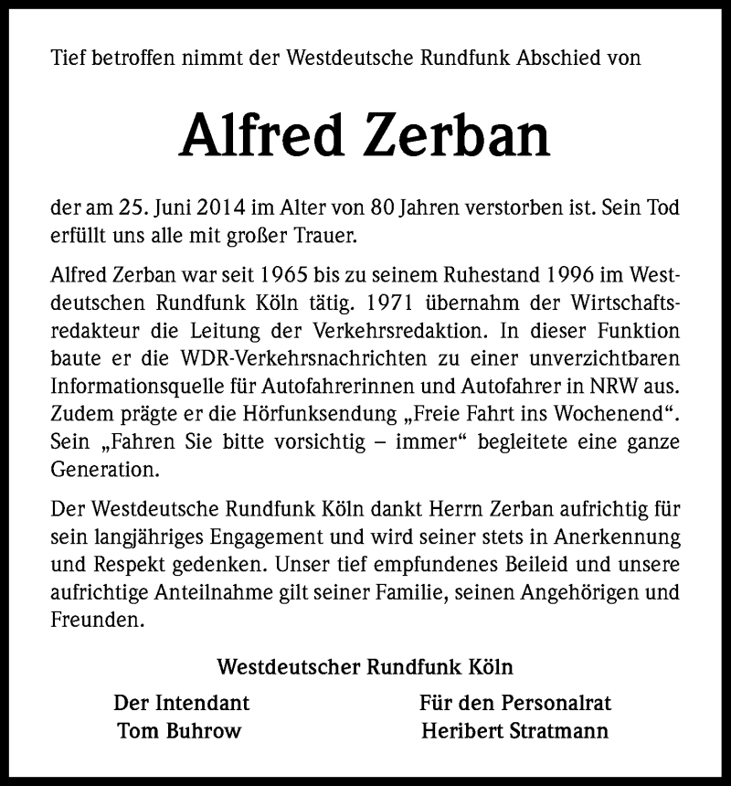  Traueranzeige für Alfred Zerban vom 28.06.2014 aus Kölner Stadt-Anzeiger / Kölnische Rundschau / Express