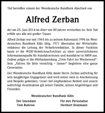 Anzeige von Alfred Zerban von Kölner Stadt-Anzeiger / Kölnische Rundschau / Express