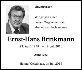 Anzeige von Ernst-Hans Brinkmann von Kölner Stadt-Anzeiger / Kölnische Rundschau / Express