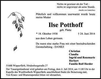 Anzeige von Ilse Potthoff von Kölner Stadt-Anzeiger / Kölnische Rundschau / Express