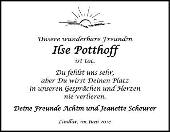 Anzeige von Ilse Potthoff von Kölner Stadt-Anzeiger / Kölnische Rundschau / Express